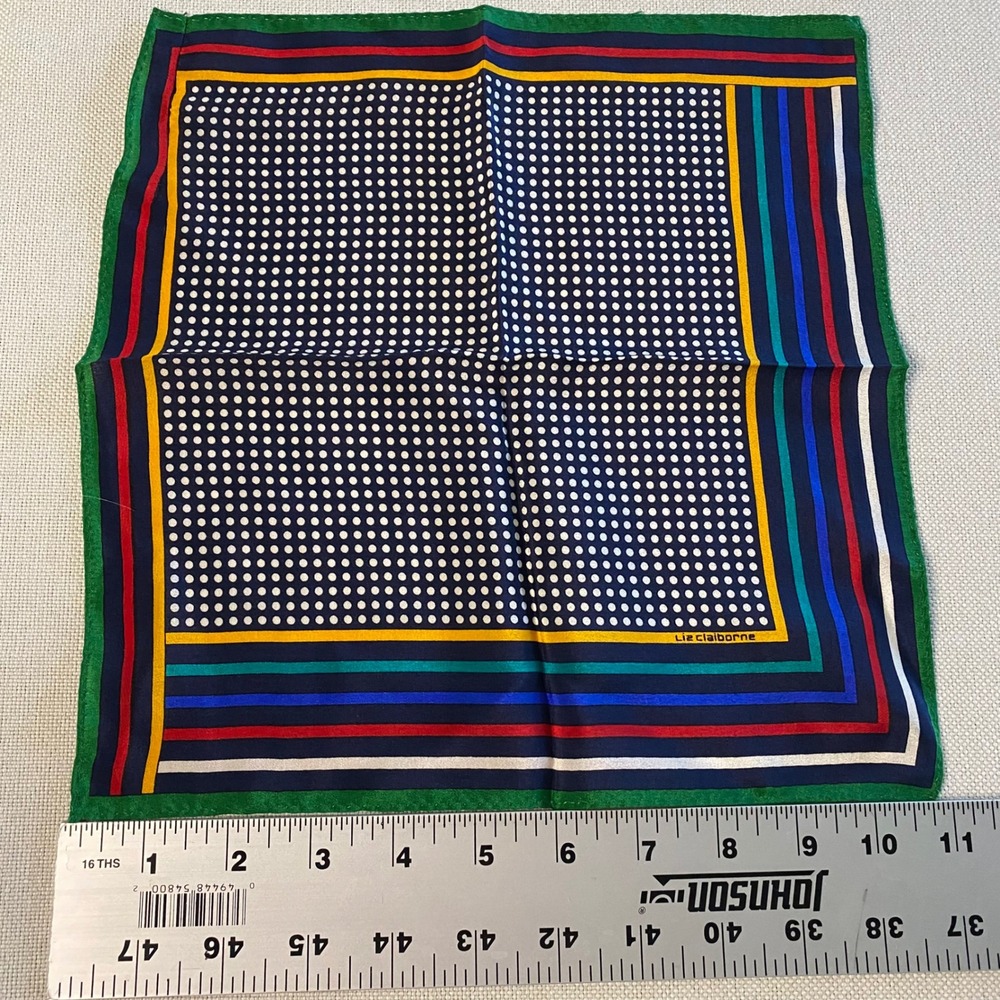 Liz Claiborne Vintage Pocket Square Navy Polka‎ Dot Multi Color Striped Border